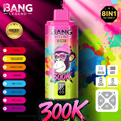 Bright Bang Legend 8IN1 vape can with cartoon monkey in a pink beanie; colorful splash background and eight flavors listed.