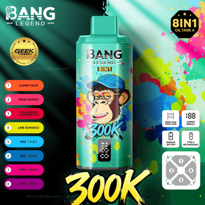 Turquoise Bang Legend 8IN1 oil tank bottle with a cartoon monkey and paint splashes; flavor options listed on the left.