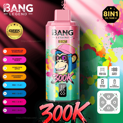Bang Legend 8IN1 vape bottle with pink cap, cartoon monkey wearing glasses on a colorful splash background, flavor list left.