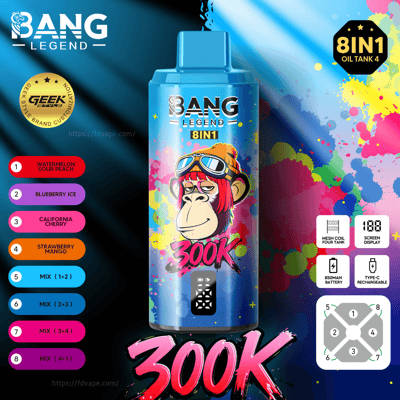 Blue Bang Legend 8IN1 vape bottle with monkey and goggles, colorful paint-splatter background; flavors 1–8 left.
