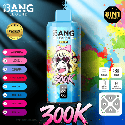 Blue Bang Legend 8IN1 e-liquid bottle featuring a cartoon blonde monkey in pink sunglasses and a bow, surrounded by colorful paint splatters and a bold 300K graphic.