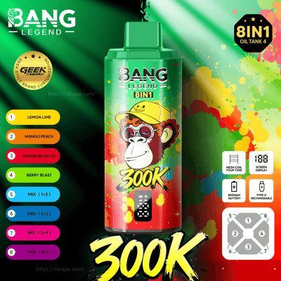 Bright green Bang Legend 8IN1 vape bottle featuring a cartoon monkey with a yellow cap and multicolored paint splashes.