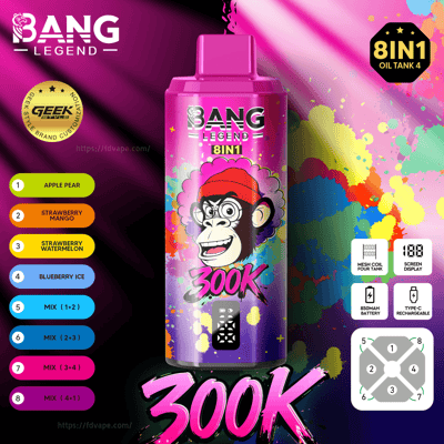 Bright pink Bang Legend 8IN1 vape bottle with a cartoon monkey wearing a red beanie against a colorful paint-splashed background.