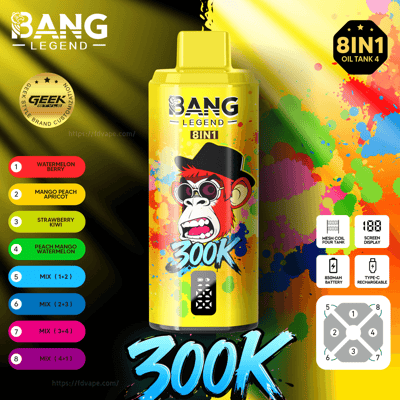 Bright yellow Bang Legend 8IN1 vape bottle with paint splash design, cartoon monkey with a hat and sunglasses.