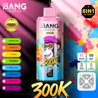 Colorful Bang Legend 8IN1 vape bottle with a cartoon chimp in a purple cap amid paint splashes; flavor list on the left.