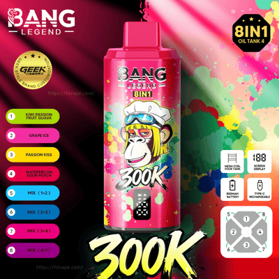 Bright pink Bang Legend 8IN1 vape bottle with a cartoon monkey in goggles, rainbow paint splashes, and a left flavor list.