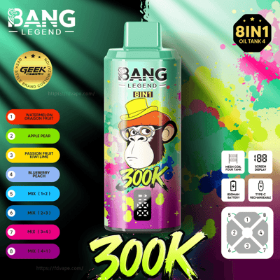 Colorful Bang Legend 8IN1 vape bottle with a yellow-hatted monkey and a flavor list.