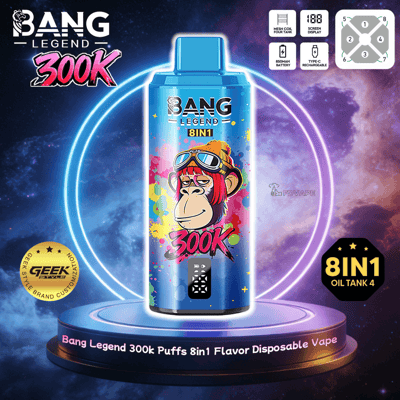 Blue Bang Legend 300K 8in1 flavor disposable vape bottle with a graffiti monkey wearing goggles on a glowing platform.