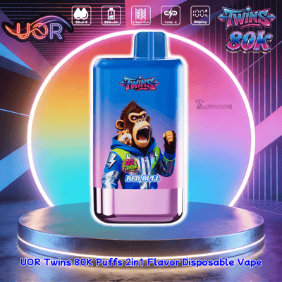 Blue-to-pink gradient disposable vape bottle with a cartoon monkey on the label, UOR Twins 80K branding, displayed on a neon podium.