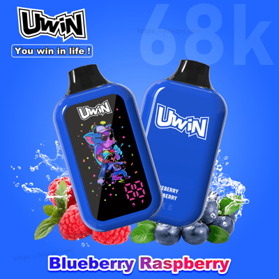 Two blue Uwin vape devices; one displays a colorful cartoon, the other shows the Uwin logo, with raspberries, blueberries and water splashes.
