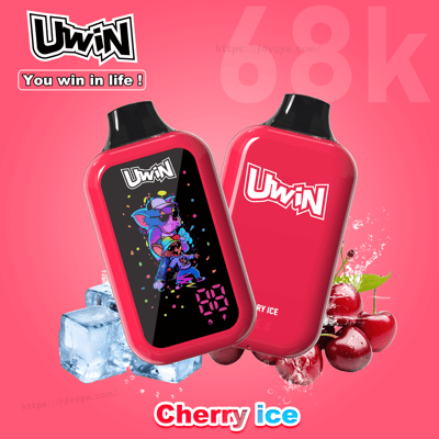 Two pink UWIN devices, one shows a colorful cartoon screen, the other bears the UWIN logo, with cherries and ice nearby.