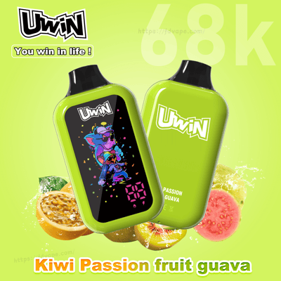 Two lime-green Uwin vape devices, one with a colorful screen graphic, shown with passion fruit, kiwi and guava slices; Kiwi Passion fruit guava flavor.