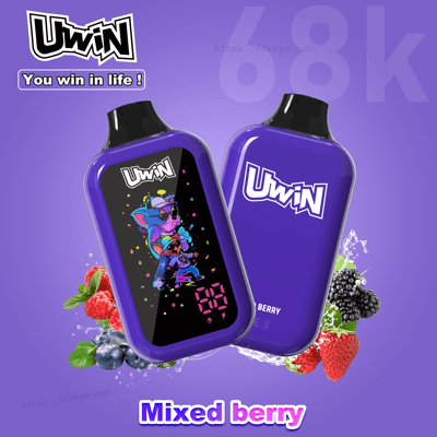 Two Uwin vape devices, front shows a colorful cartoon on screen; back with the Uwin logo, surrounded by mixed berry flavor.