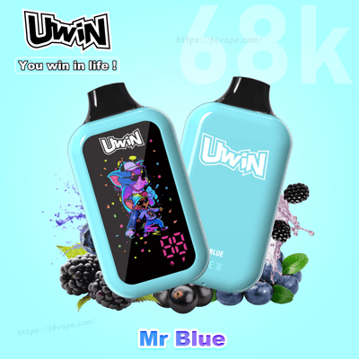 Two light-blue Uwin vape pods with black mouthpieces, one with a cartoon display and the other with Uwin logo, with berries.