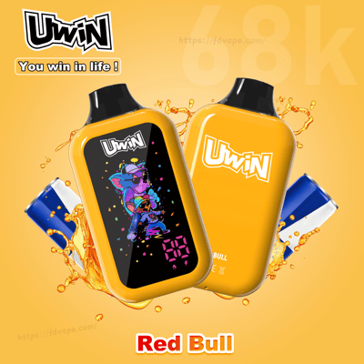 Two yellow Uwin vape devices with black caps, one with a colorful cartoon screen and the other with the Uwin logo.