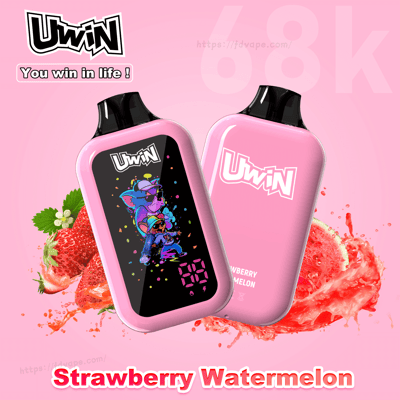 Two pink Uwin disposable vapes, one with colorful screen art and the other with the Uwin logo, Strawberry Watermelon flavor on a pink background.