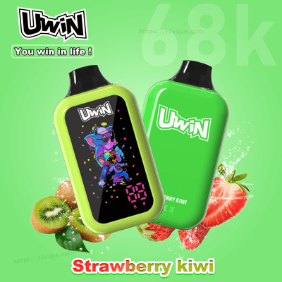 Two lime-green Uwin vape devices, one with a colorful cartoon on the screen, strawberry kiwi flavor.