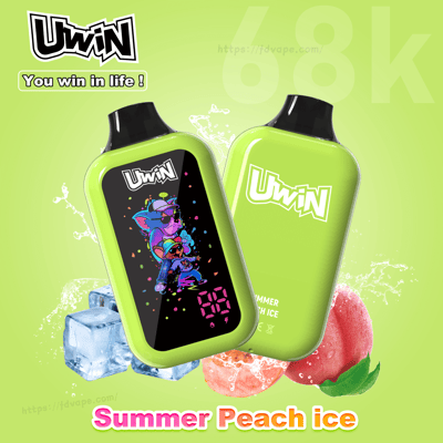 Two lime-green Uwin vape devices, one with colorful cartoon art on screen, peach ice flavor with ice cubes in background.
