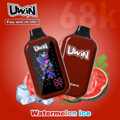 Two red Uwin vape bottles with black caps, one shows colorful artwork; Watermelon Ice flavor.