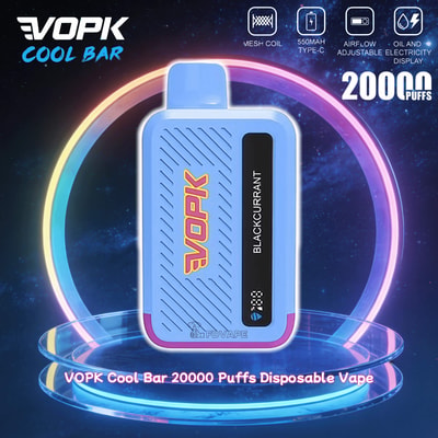 Blauer VOPK Cool Bar Einweg-Vaporizer mit schwarzem Johannisbeergeschmack, 20.000 Züge, Mesh-Spule, 550 mAh Typ C, Neonring-Hintergrund.