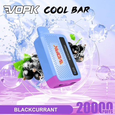 Blauer VOPK Cool Bar Einweg-Vaporizer mit schwarzem Johannisbeergeschmack und violetter Basis, 2000 Züge.