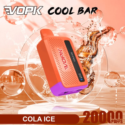Orange VOPK Cola Ice Vape-Gerät mit violettem Boden, schwebend inmitten von Spritzeffekten; 2000 Züge.