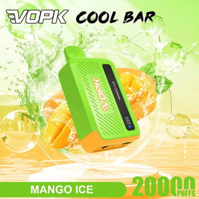 Leuchtend grünes Mango Ice Vape-Gerät mit orangefarbener Basis und schwarzem Display, mit der Aufschrift „VOPK COOL BAR“, mit Anzeige von 2000 Zügen.