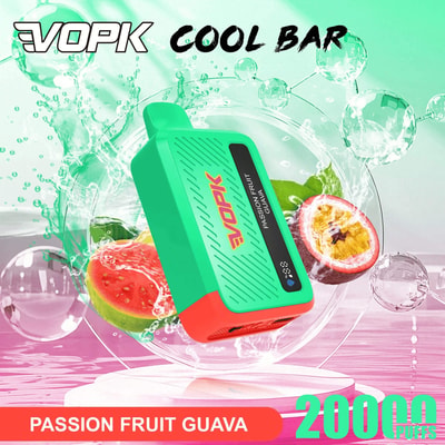 EVOPK COOL BAR Vape mit türkisfarbenem Körper und roter Basis, beschriftet mit Passion Fruit Guava, vor einem grünen Spritzhintergrund.