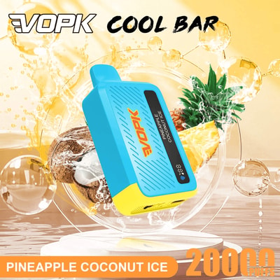 Blauer VOPK Cool Bar Einweg-Vaporizer mit gelber Basis, Ananas-Kokos-Eisgeschmack, 2000 Züge.