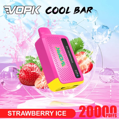 Hellrosa VOPK Cool Bar Einweg-Vaporizer mit gelber Basis, Erdbeereis-Geschmack, umgeben von Erdbeeren und Blasen.