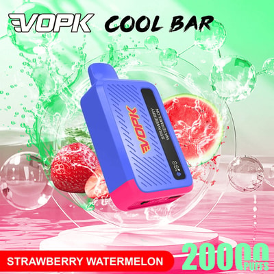 Blau-rosa VOPK Cool Bar-Vape-Gerät mit Erdbeer-Wassermelonen-Geschmacksetikett, beworben mit 2000 Zügen
