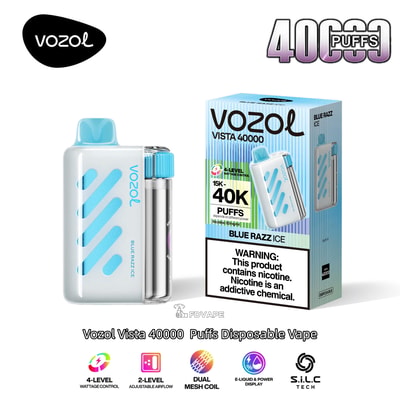 Vape usa e getta Vozol Vista 40000 con corpo argentato e dettagli blu, mostrato accanto alla confezione Blue Razz Ice.