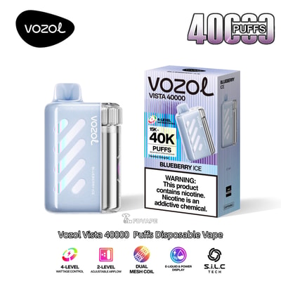 Vape usa e getta Vozol Vista 40000 Puffs al gusto Blueberry Ice, un dispositivo azzurro con strisce accanto alla scatola.