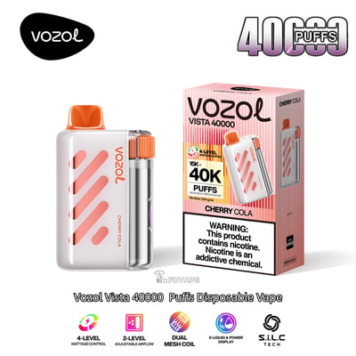 Vape usa e getta Vozol Vista 40000 Cherry Cola con bocchino arancione e corpo bianco con strisce rosa, mostrato accanto alla scatola.