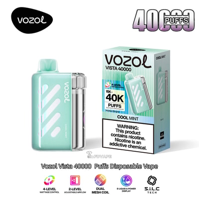 Vape usa e getta Vozol Vista 40000 verde menta con sapore di menta fresca, mostrato accanto alla confezione con etichetta 40K puffs.