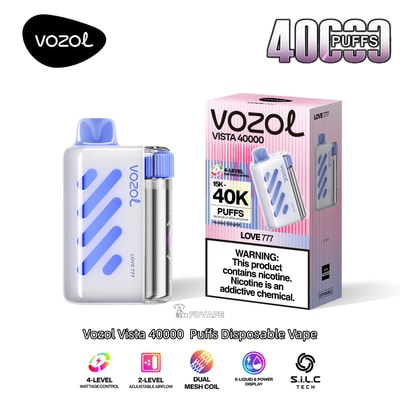 Vape usa e getta Vozol Vista 40000 con corpo argentato, strisce diagonali blu e bocchino blu, accanto alla scatola rosa per puff 40K.