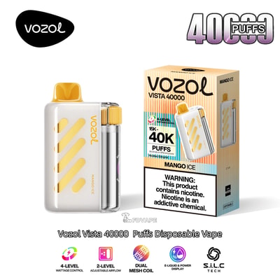 Vape usa e getta Vozol Vista 40000 Mango Ice con bocchino giallo e corpo bianco a strisce accanto alla scatola.