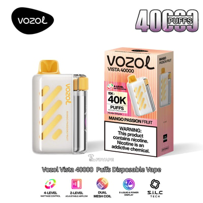 Vape usa e getta Vozol Vista 40000 Puffs al gusto Mango Passion Fruit, mostrato con un dispositivo bianco e un bocchino giallo accanto alla sua scatola a strisce rosa.