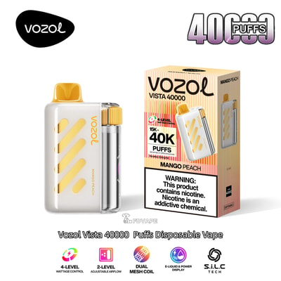 Vape usa e getta Vozol Vista Mango Peach: dispositivo bianco con accenti e bocchino gialli, mostrato con la sua confezione in scatola.