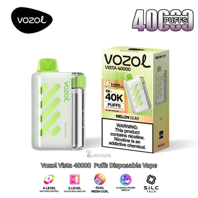 Vozol Vista 40000 Puff vaporizzatore usa e getta Melon Gum, corpo bianco con cappuccio verde lime e strisce lime diagonali, mostrato con la sua scatola.