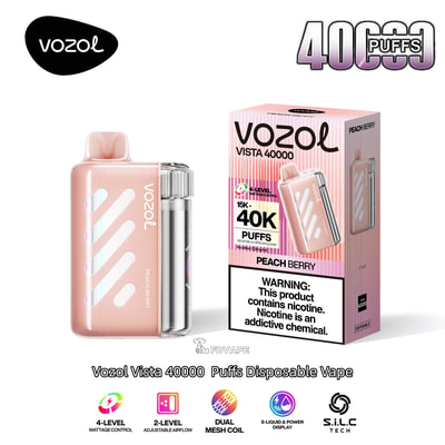 Dispositivo di vaporizzazione usa e getta Vozol Vista 40000 a bacche di pesca rosa accanto alla confezione rosa etichettata 40K Puffs.