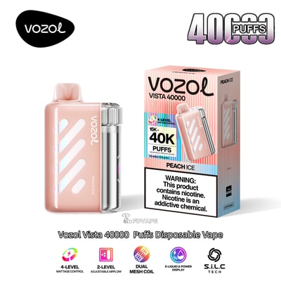 Vape usa e getta Vozol Vista 40000 in oro rosa con sapore di ghiaccio alla pesca accanto alla sua scatola a strisce rosa.
