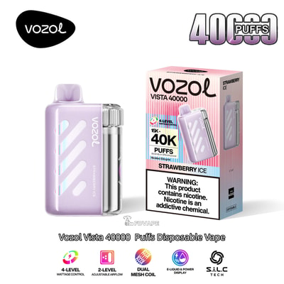 Vape usa e getta Vozol Vista 40000 viola al gusto Strawberry Ice, mostrato accanto alla sua scatola rosa.