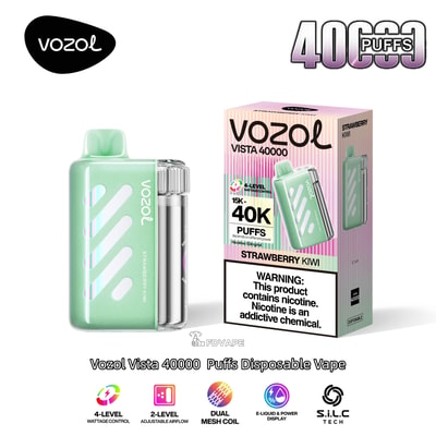 Vape usa e getta Vozol Vista 40000 verde menta con bocchino argento accanto a una scatola di kiwi e fragole.
