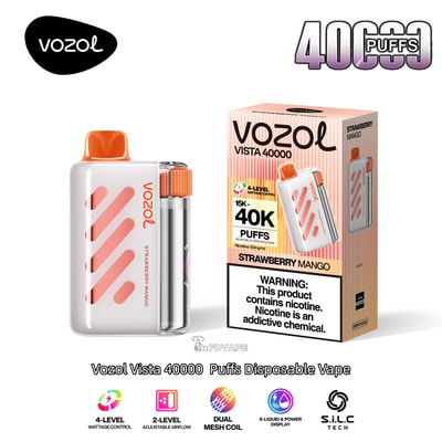Vape usa e getta Vozol Vista 40000 fragola e mango con corpo bianco, bocchino arancione, design a strisce accanto alla scatola