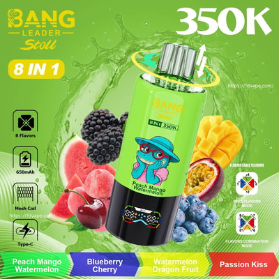 Bouteille de vape Bang vert vif avec étiquette 8 en 1 et personnage de dessin animé, parmi les fruits de la pêche, de la mangue et de la pastèque.