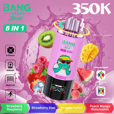 Bouteille de vape Pink Bang Leader Stol 8 en 1 avec des graphismes de fruits (kiwi, fraise, framboise, mangue, pastèque) sur fond violet.