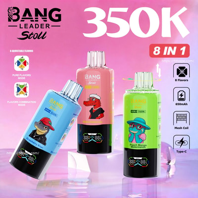 Trois bouteilles de vape Bang Leader Stoll bleues, roses et vertes avec des dinosaures de dessins animés sur fond rose, 350K et étiquette 8 en 1.