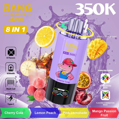 Bouteille de vape Purple Bang Leader Stoll, 8 en 1, saveur Cherry Cola, entourée de tranches de citron et de mangue sur un fond violet.