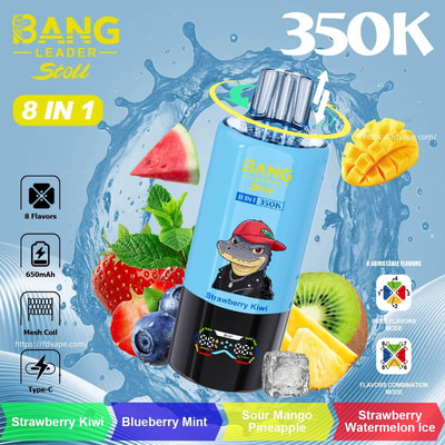 Bouteille à vape Blue Bang représentant un alligator de dessin animé dans un chapeau rouge, entouré de tranches de fraise, de kiwi, de mangue et d'ananas.